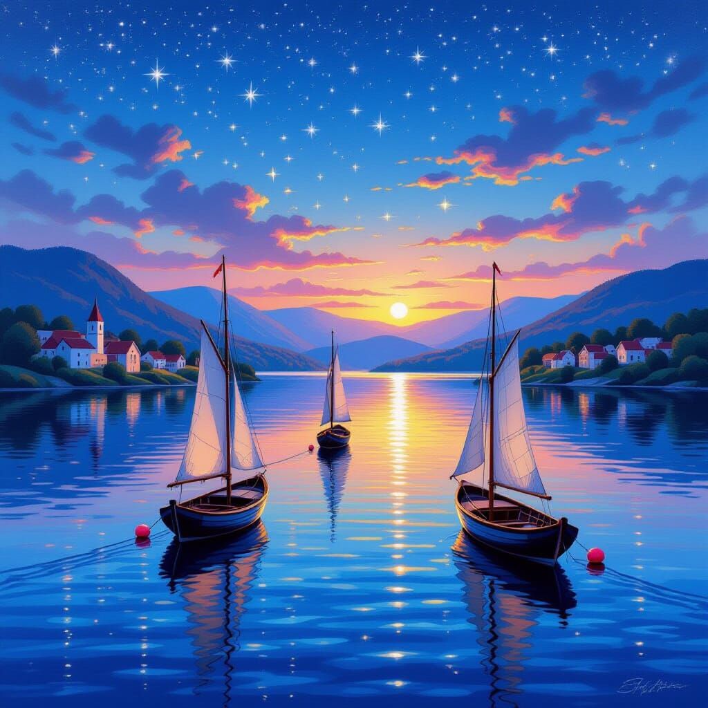Starlit Lakeside Village in Classic Maritime Style
