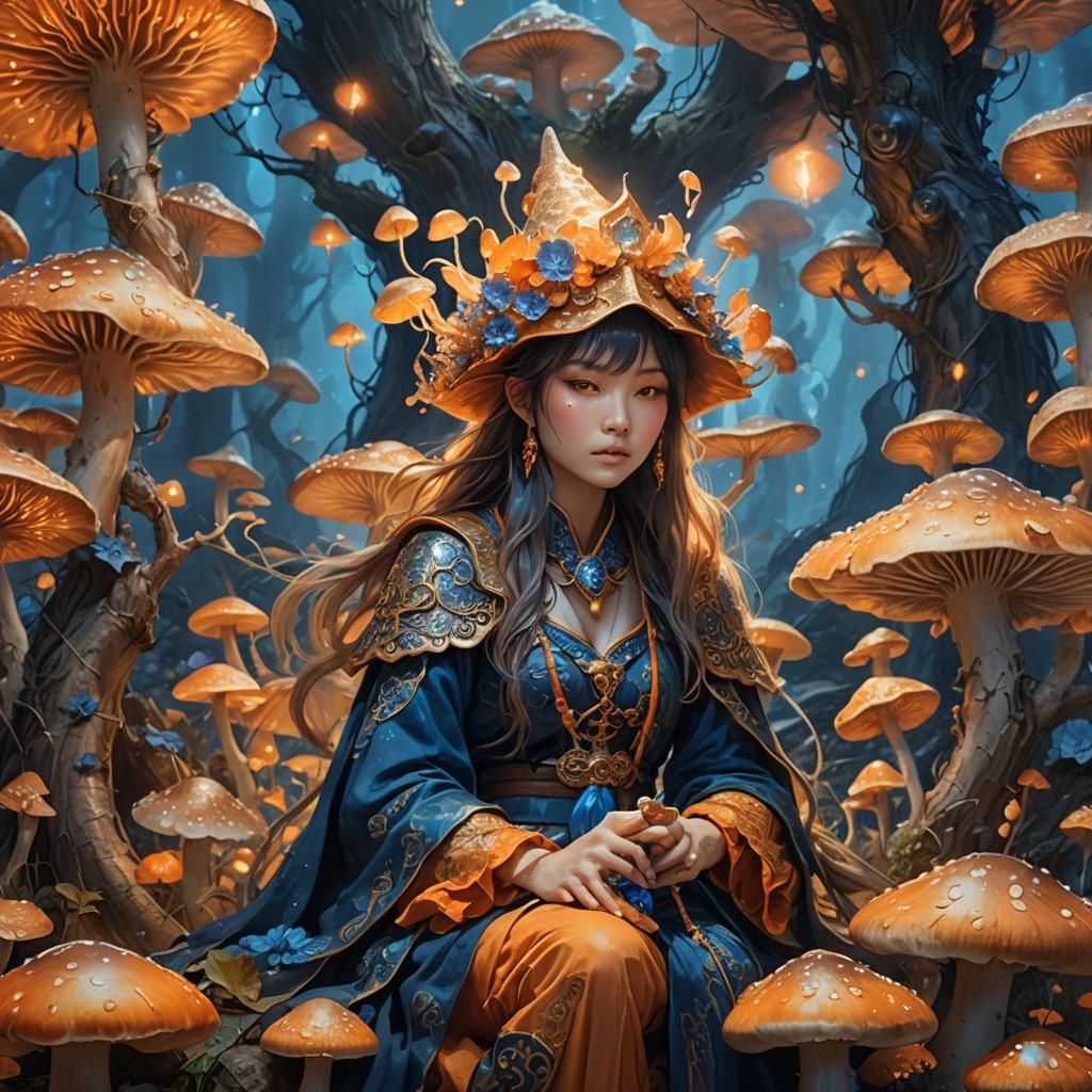 Sorceress on Mushroom Throne in Art Nouveau Style