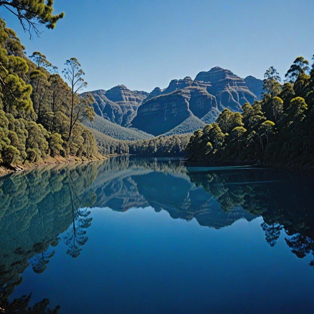 Vibrant Blue Mountains and Lake Under Clear Sky