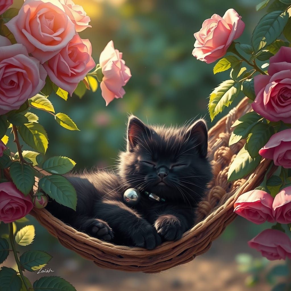 Kitten Nap in Hammock, Soft Realism Illustration