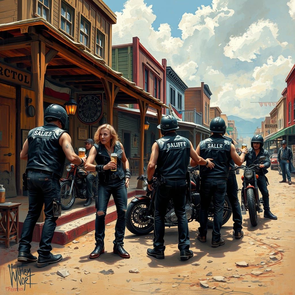 Biker Gang in Vibrant Old West Town Saloon