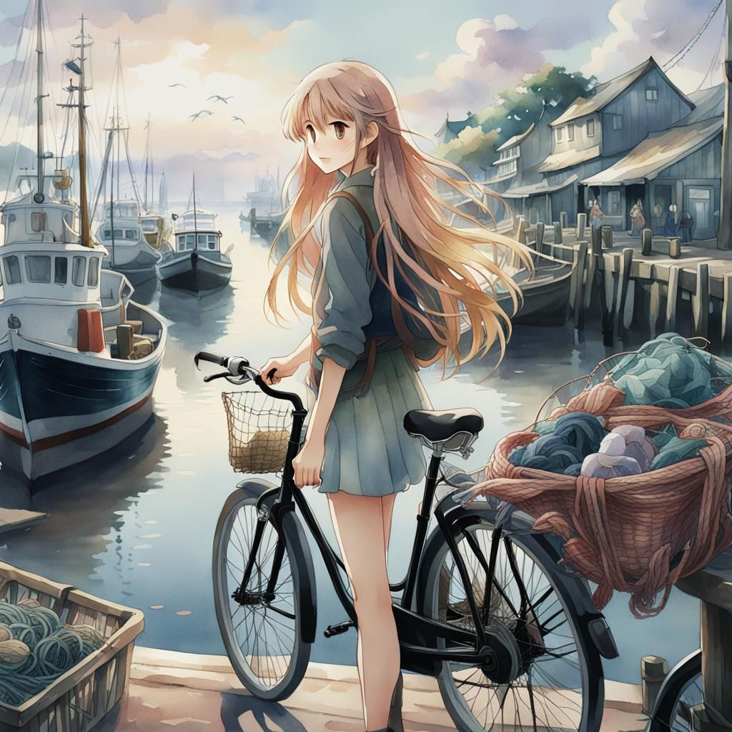 Anime Girl with Bicycle: Watercolor Key Visual