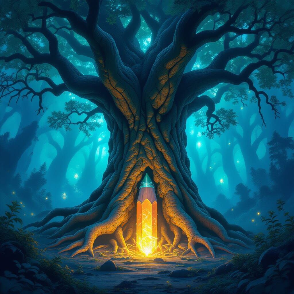 Giant Pencil Tree in Mystical Bioluminescent Forest