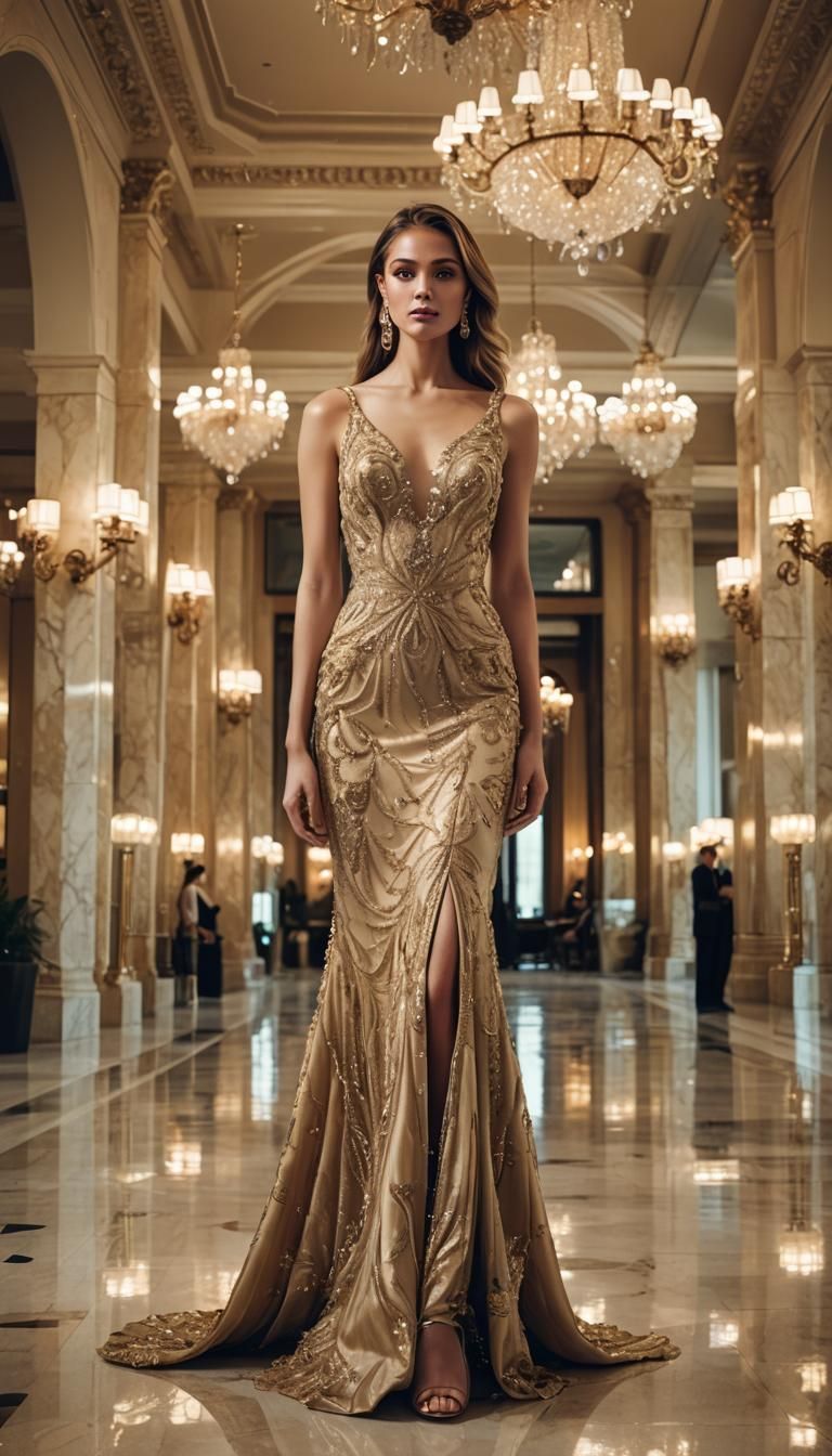 Luxurious Gown in Lavish Hotel: High-Fashion Portrait