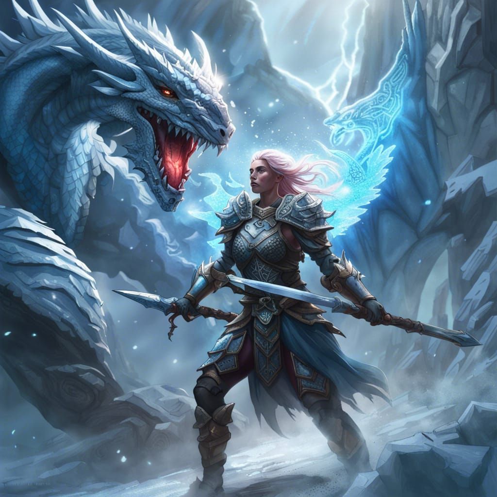 Ice Magic Warrior with Dragon, Hyperdetailed Concept Art