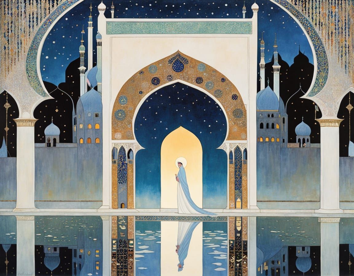 Arabian Archway at Dawn in Bold Oil Painting Style