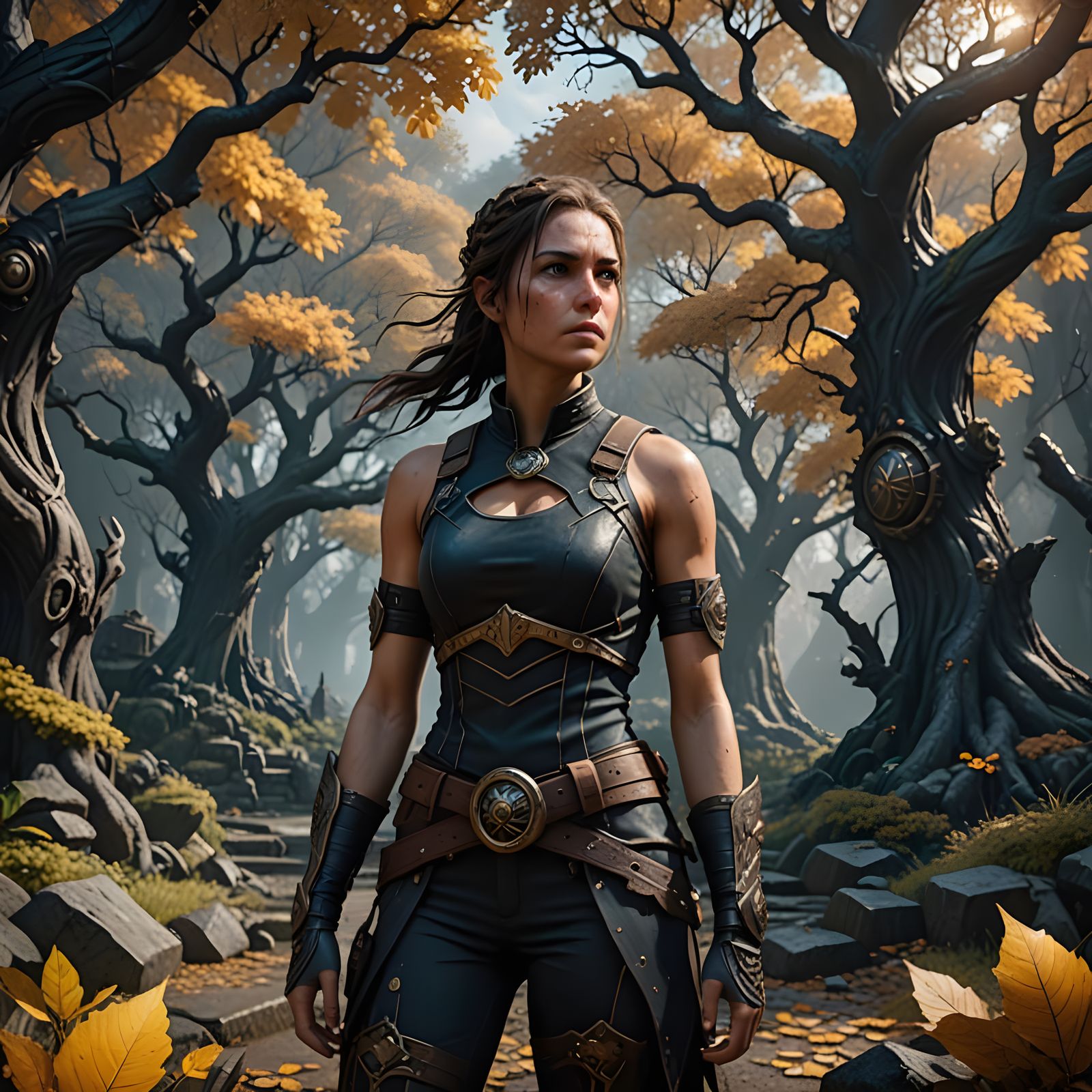 Athletic Woman in Grimdark Fantasy Forest
