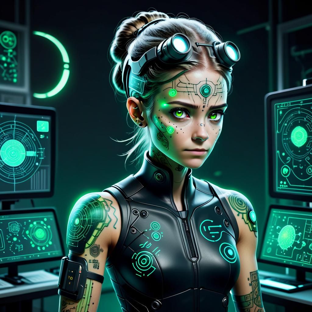 Female scientist with night vision eyes and visible neural i...