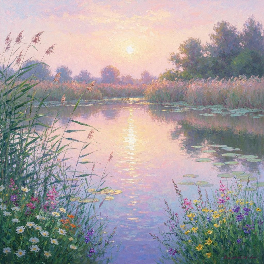 Impressionist Lake at Sunset with Reeds and Flowers