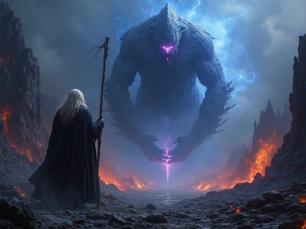 Gandalf in a Desolate, Dark Fantasy Landscape