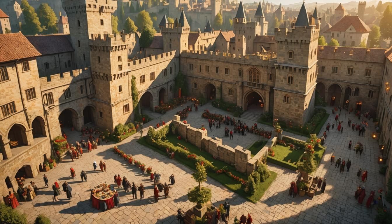 Festive Medieval Castle Courtyard in Winter Wonderland