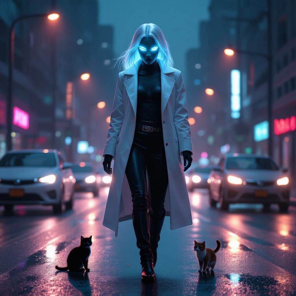 Alien Woman Rescues Cat in Futuristic Cityscape