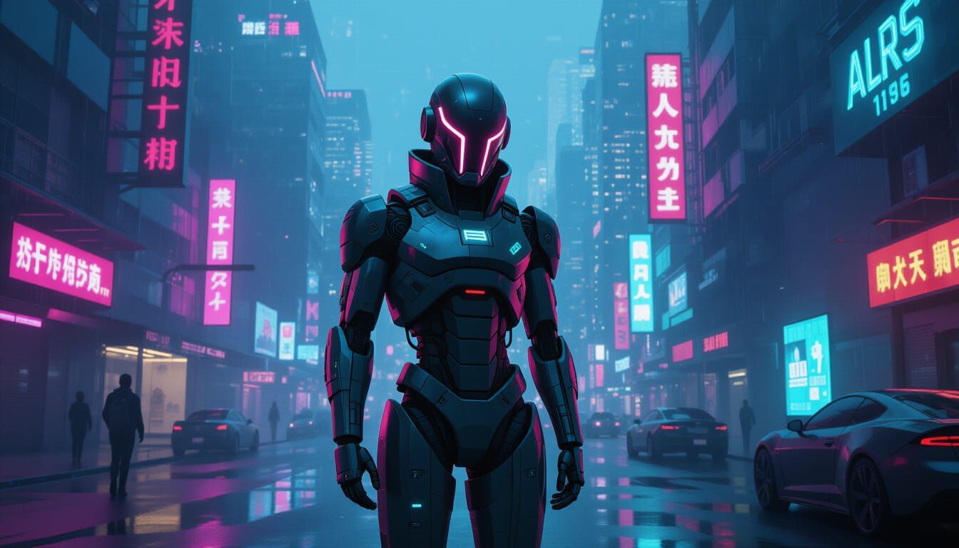 Futuristic Cyborg in Neon Cityscape