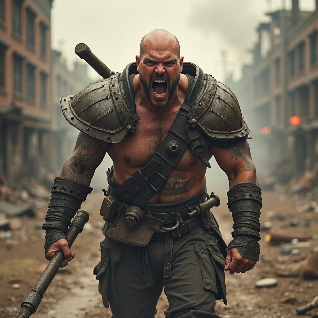 Dieselpunk Barbarian's Furious Battle Cry