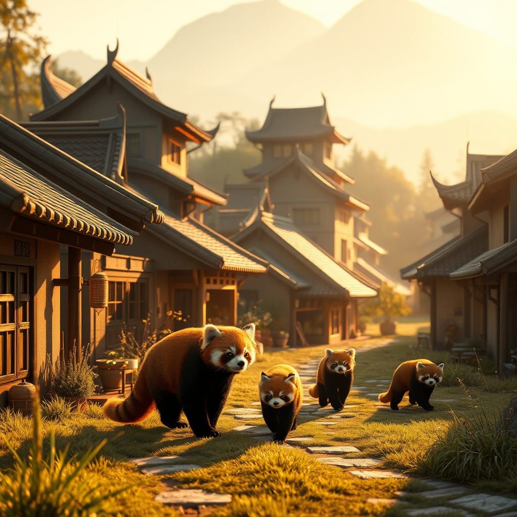 Red Pandas Explore Chinese Village in Cinematic 3D Style