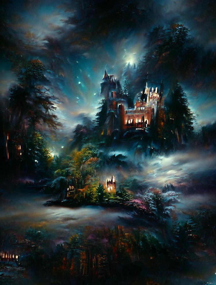 Dreamy Castle in Dark Forest: Oil Painting