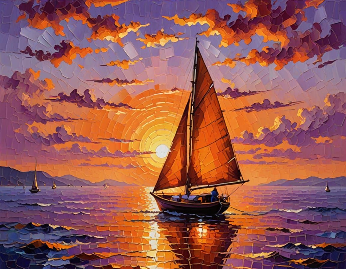 Vibrant Neo-Impressionist Sunset at Sea