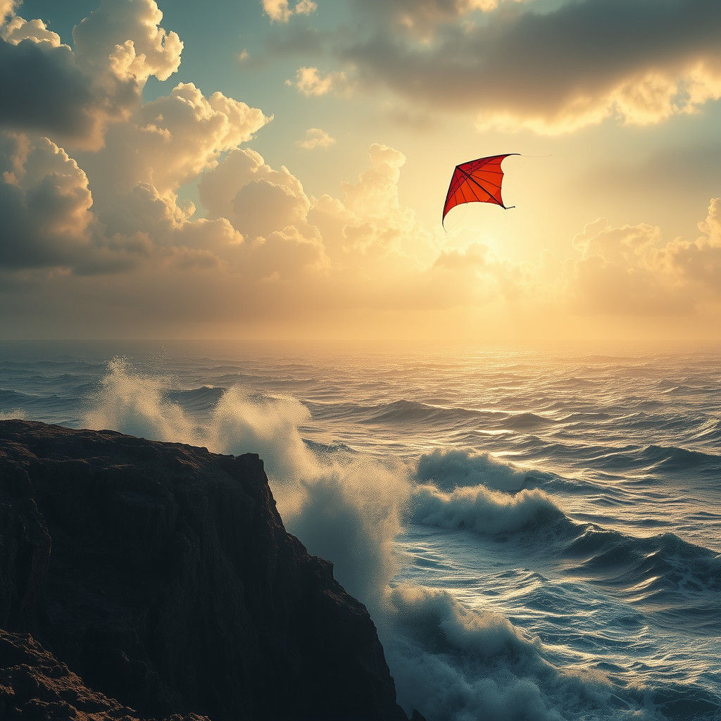 Kite Soaring Above Turbulent Sea in Cinematic Style