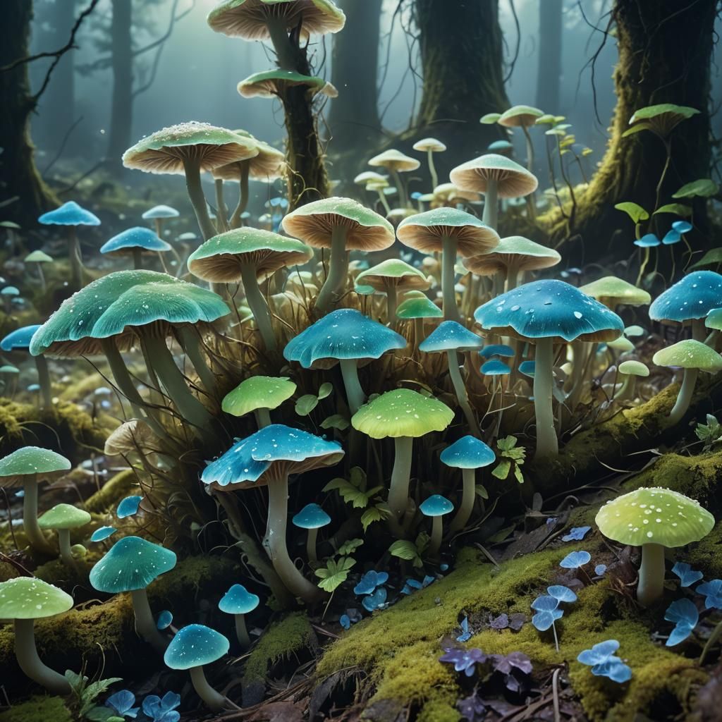 Glowing Mushrooms in a Misty Forest: Surreal Digital Art