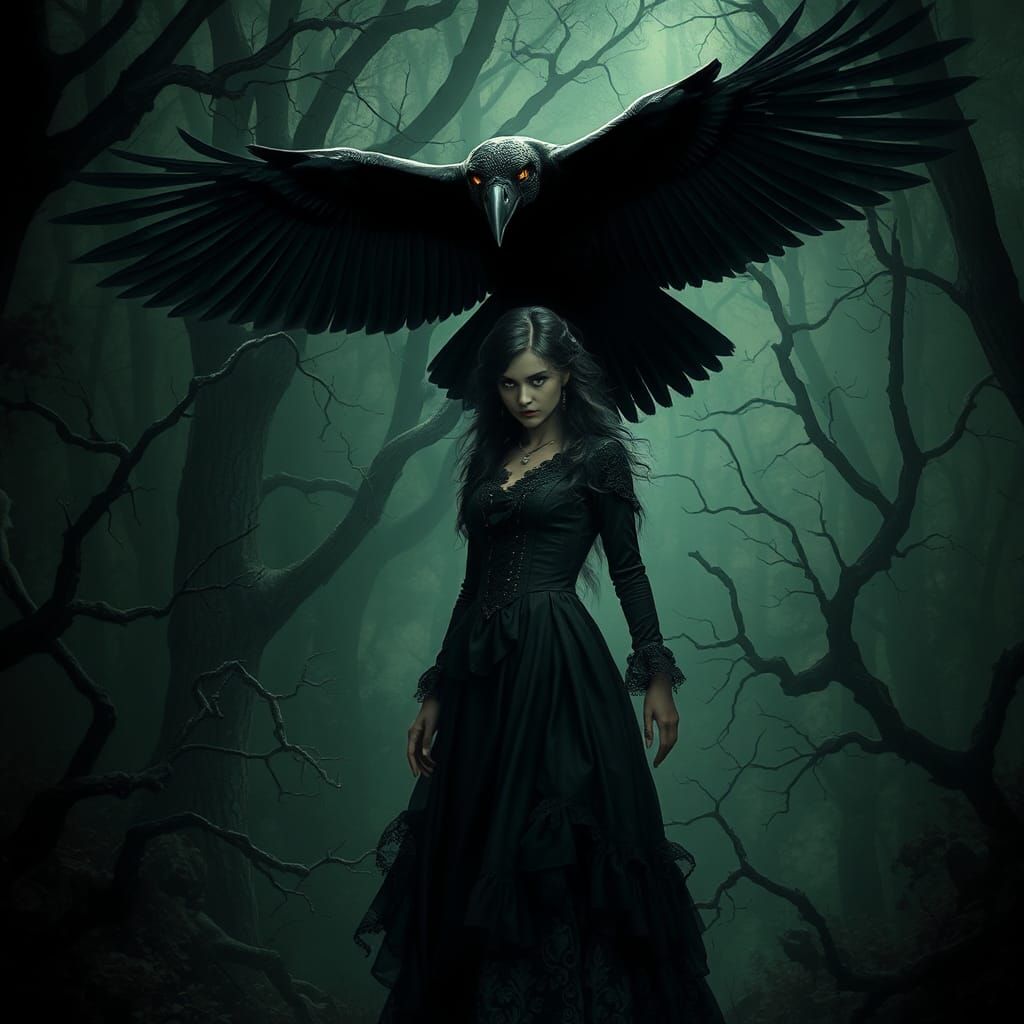 Ominous Raven and Victorian Woman in Dark Forest