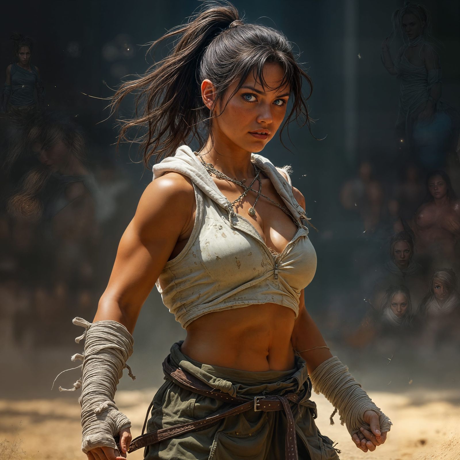 Fierce Female Fighter in Arena Attire, Ready for Battle