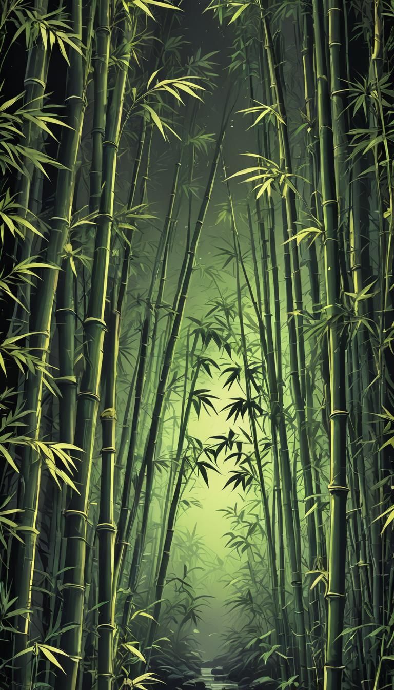 Mystical Pixel Art Bamboo on Black Background