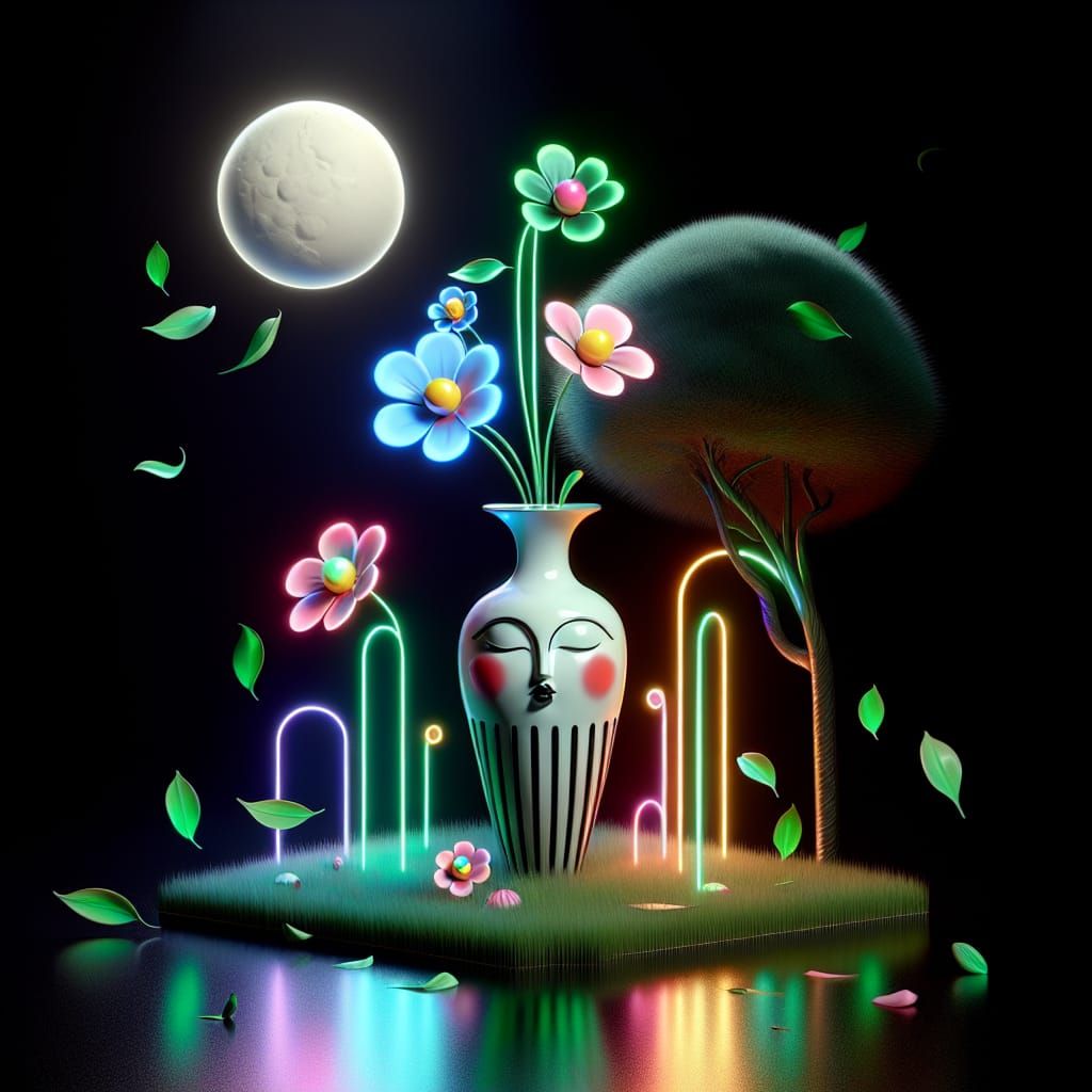 Surreal Island with Doll Vase and Neon Flowers