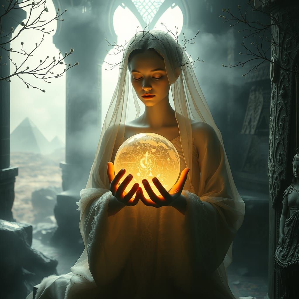 Ethereal Being Cradles Glowing Globe in Haze