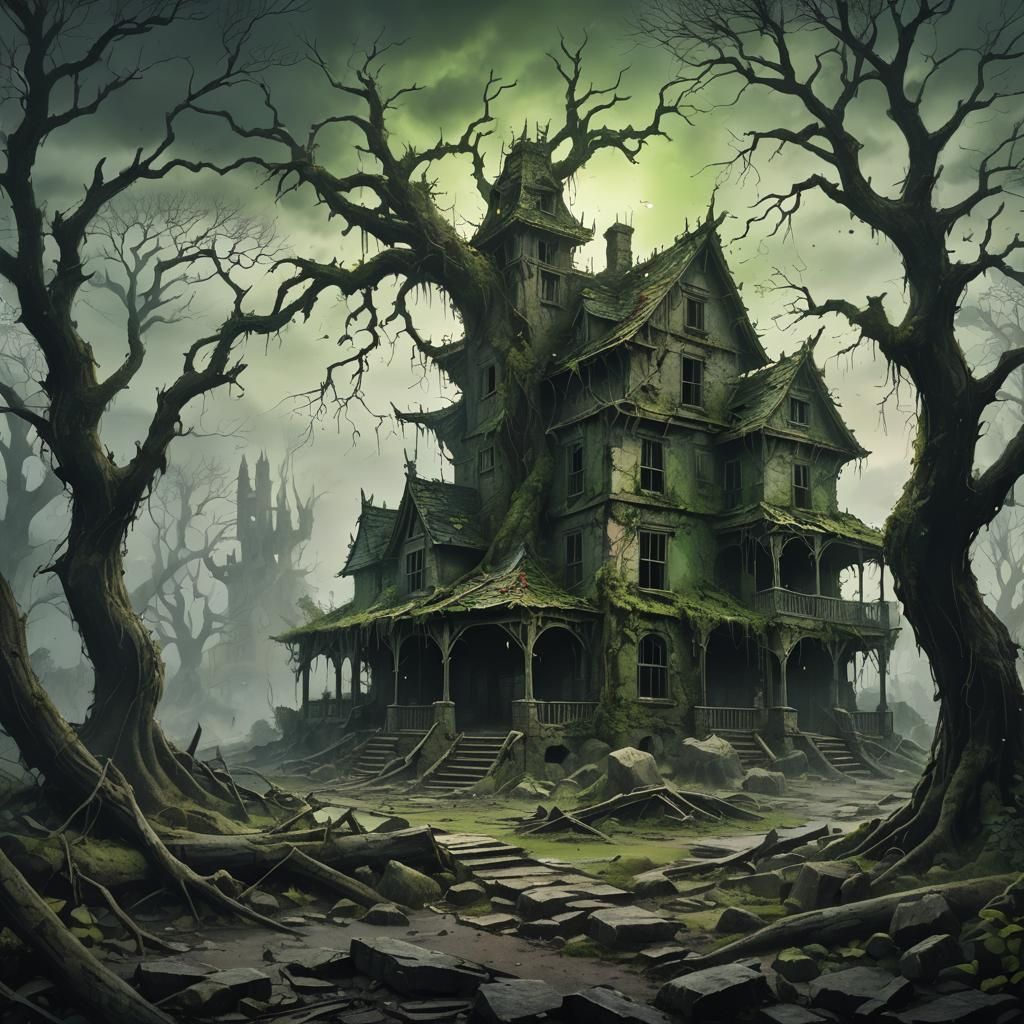 Eerie Destroyed Haunted House in Dark Fantasy Style