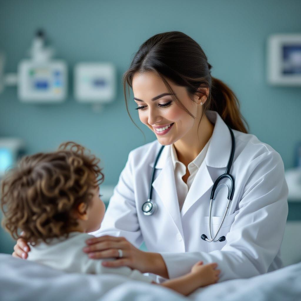 Female Doctor Examines Child with Gentle Warmth