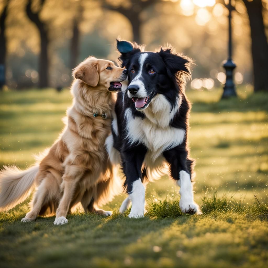 Border Collie and Golden Retriever Play in Park