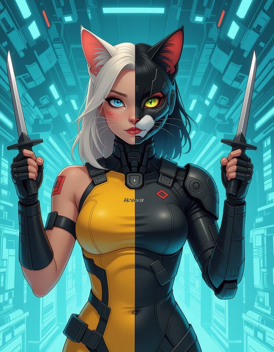 Cyborg Woman with Feline Eyes and Dagger Wrists