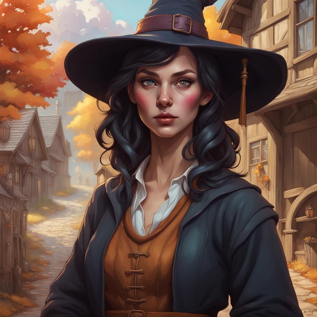 Young Witch Portrait in Fall Illustration Style