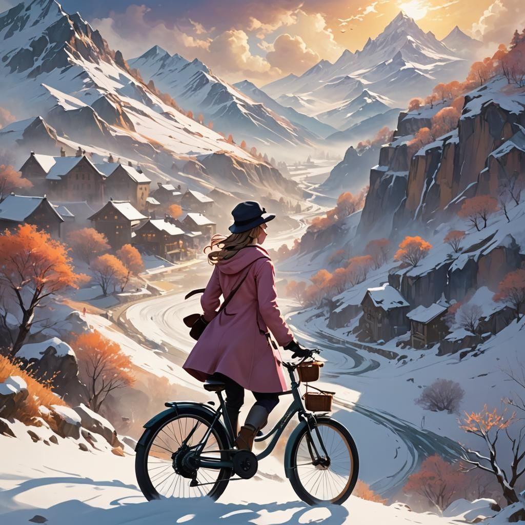 Girl on Bicycle in Snowy Anime Landscape