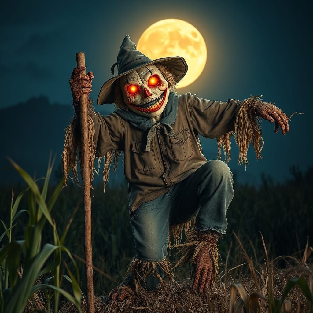 Sinister Scarecrow Lurks in Moonlit Cornfield