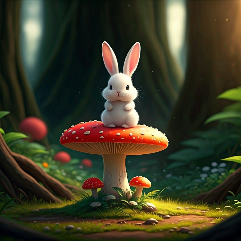 Kawaii Bunny on Mushroom in Fantasy Forest