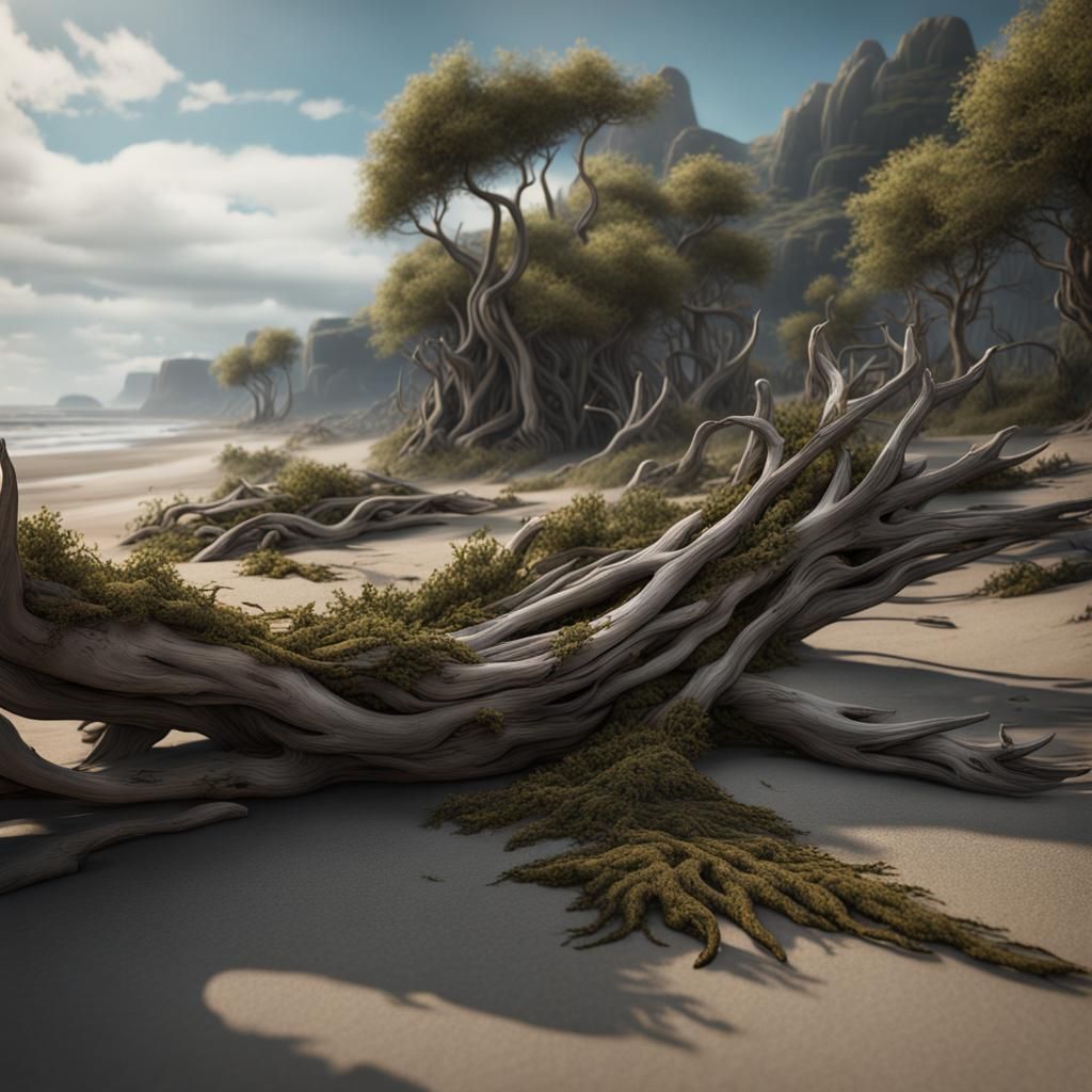 Beach Scene with Driftwood: Detailed Matte Painting