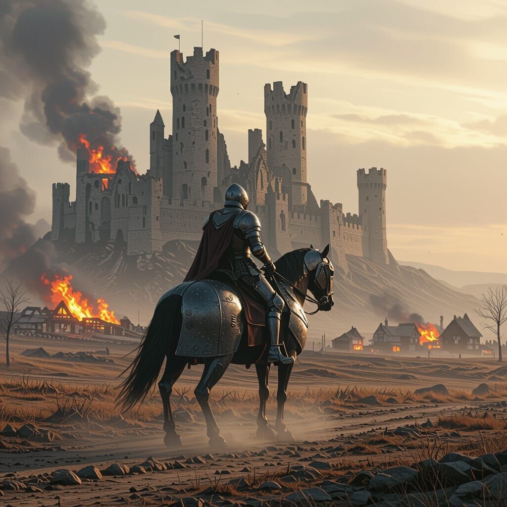 Armored Knight on Horseback in a Desolate Landscape