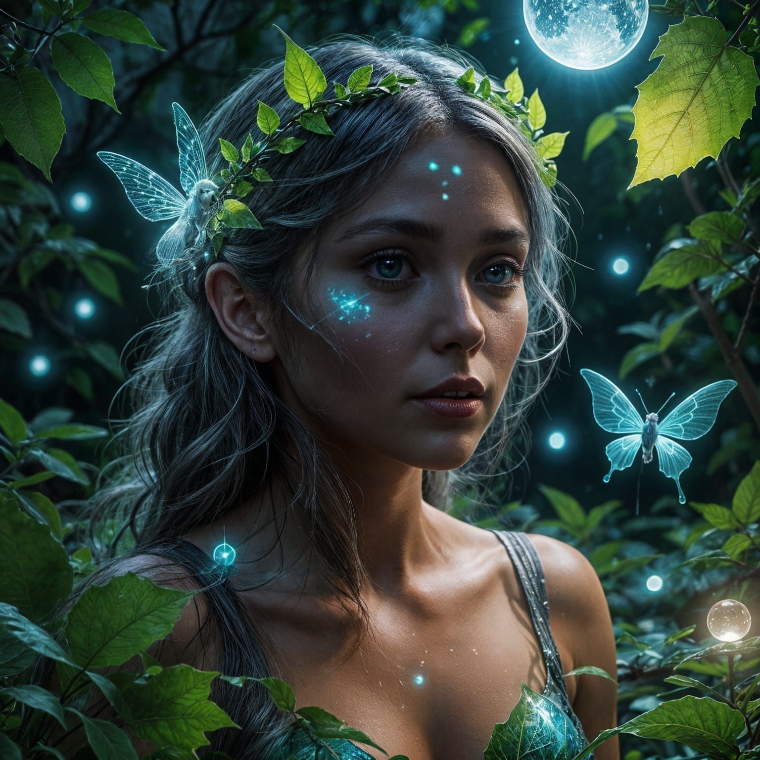 Bioluminescent Fairy in Moonlight with Light Orbs