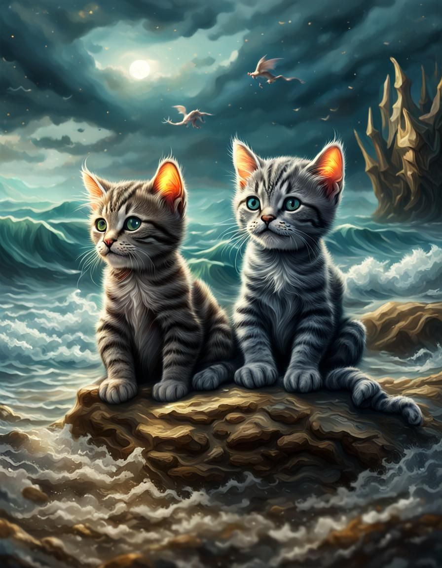Twin Baby Cats Watching Dragon, Hyperrealistic