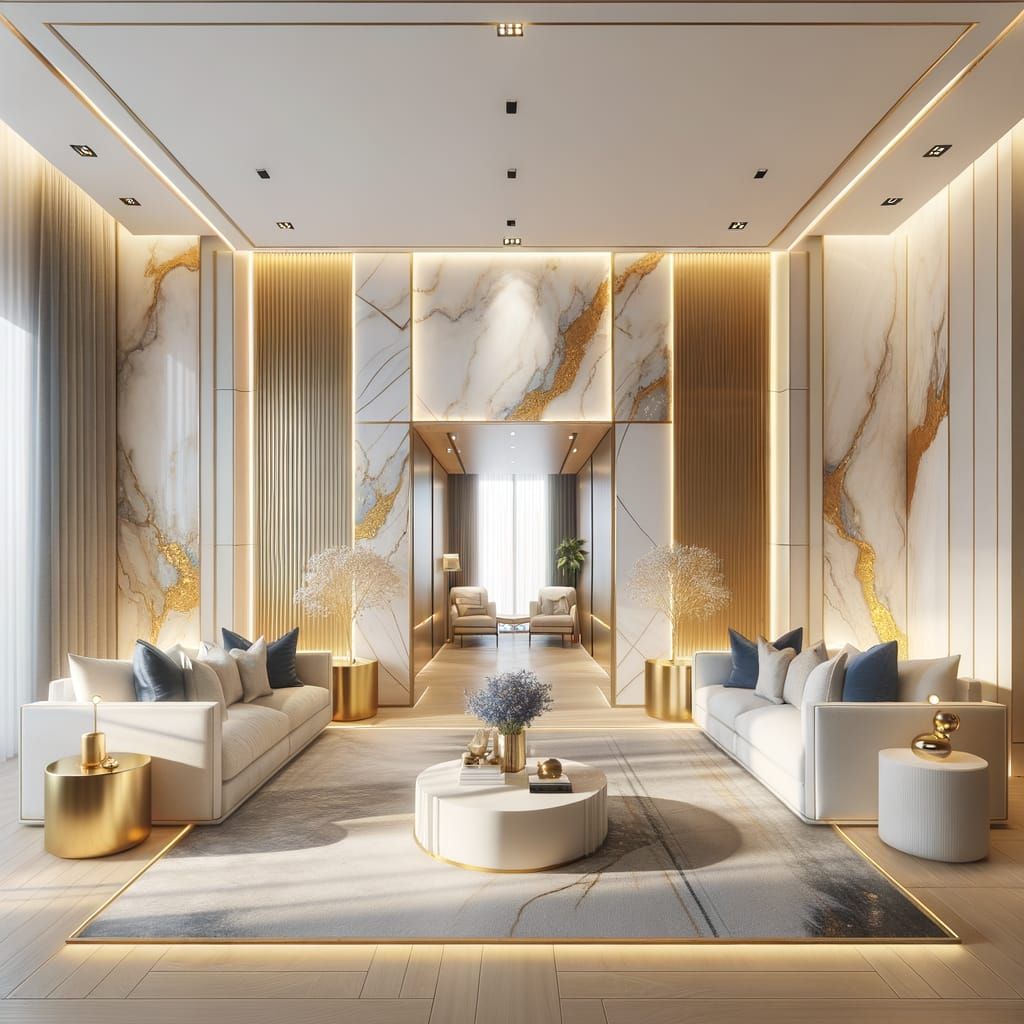 Luxury Living Room with Marble, Gold & Blue Accents