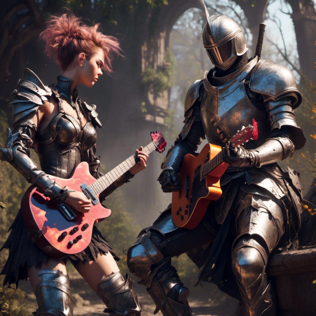 Punk Rock Knights Playing Guitar, Detailed Digital Art