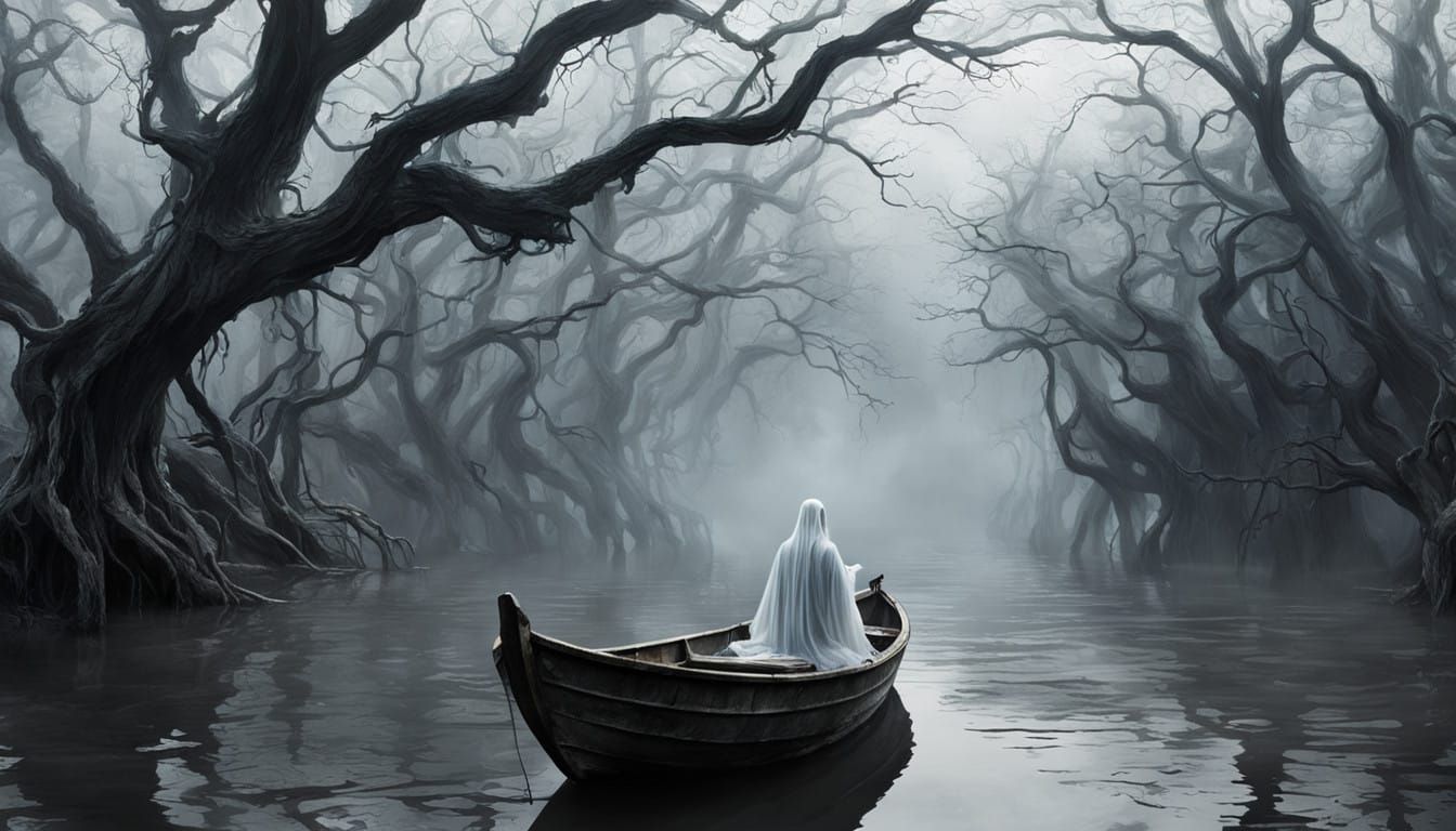 Ethereal Ghost Wafts in a Fog-Shrouded Boat Among Blackened....