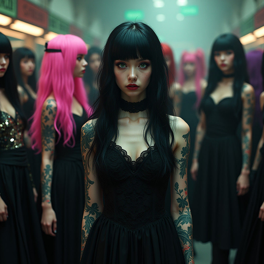 Goth Woman in London Hair School, Matte Painting Style