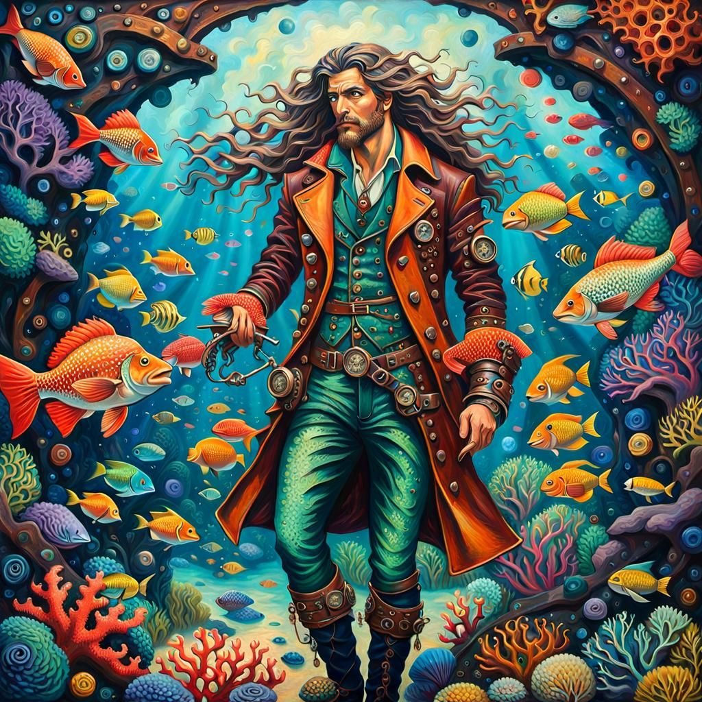 Merman Adventurer in Coral Reef, Anime Steampunk Style