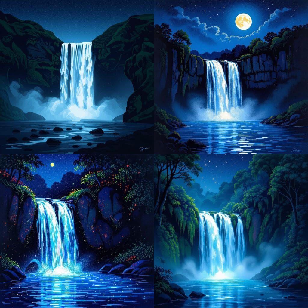 Glowing Night Waterfall in Pointillist Pencil Sketch