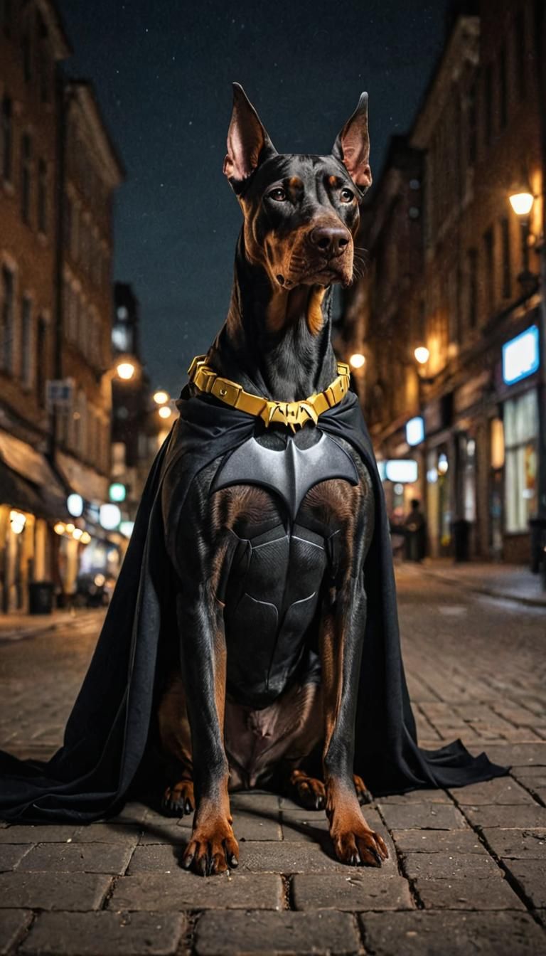 Doberman as Dark Knight in Cityscape