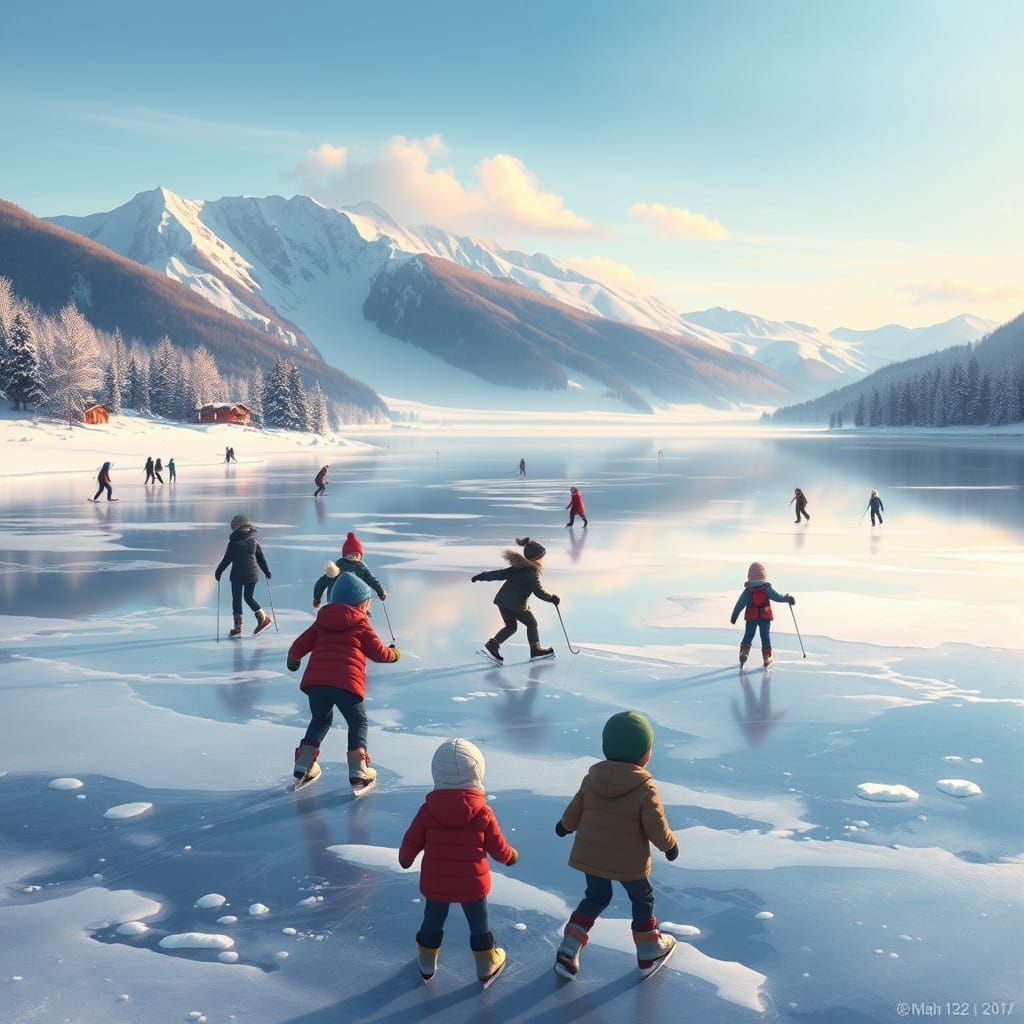 Joyful Winter Wonderland with Children Skating and Playing