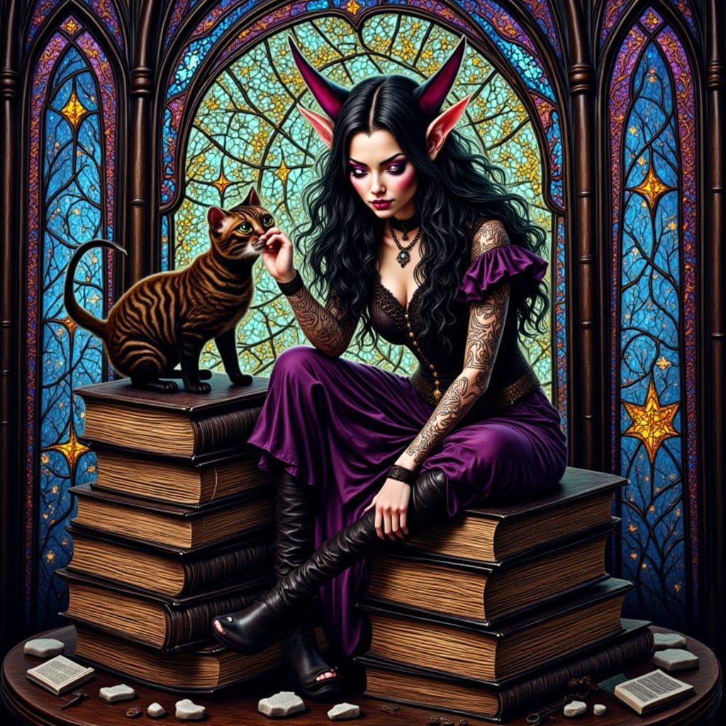 Tiefling and Cat in Stained Glass Art Style