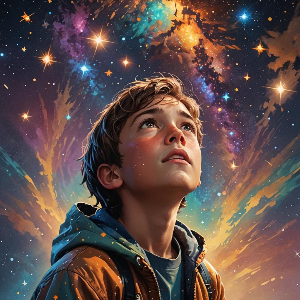 Boy Looks Up at Stars in Hyperrealistic Style